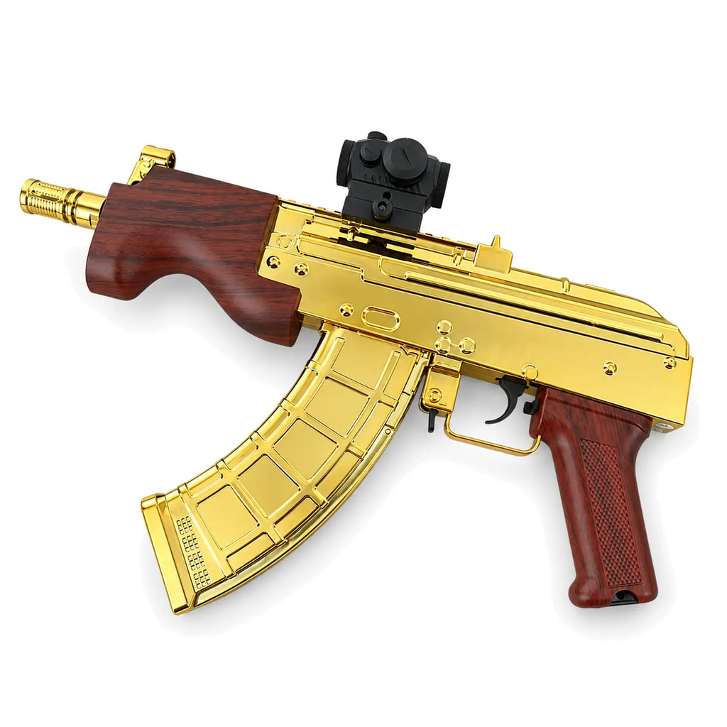 Gold AK47-style gel blaster with goggles and white gel beads