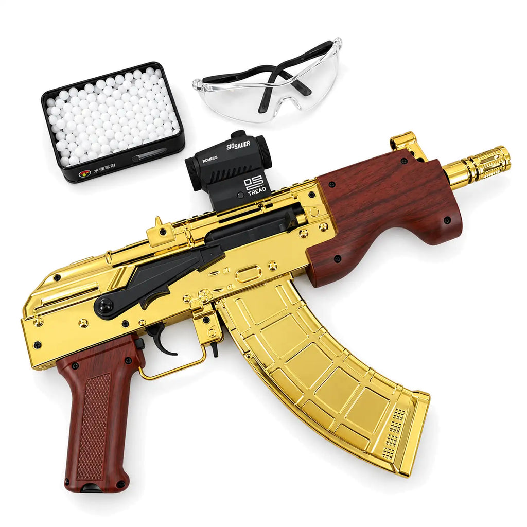 Gold AK47-style gel blaster with goggles and white gel beads