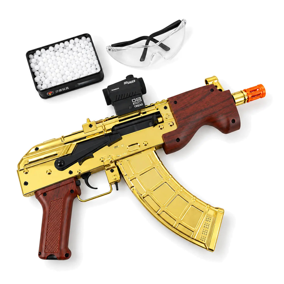 Gold AK47-style gel blaster with goggles and white gel beads