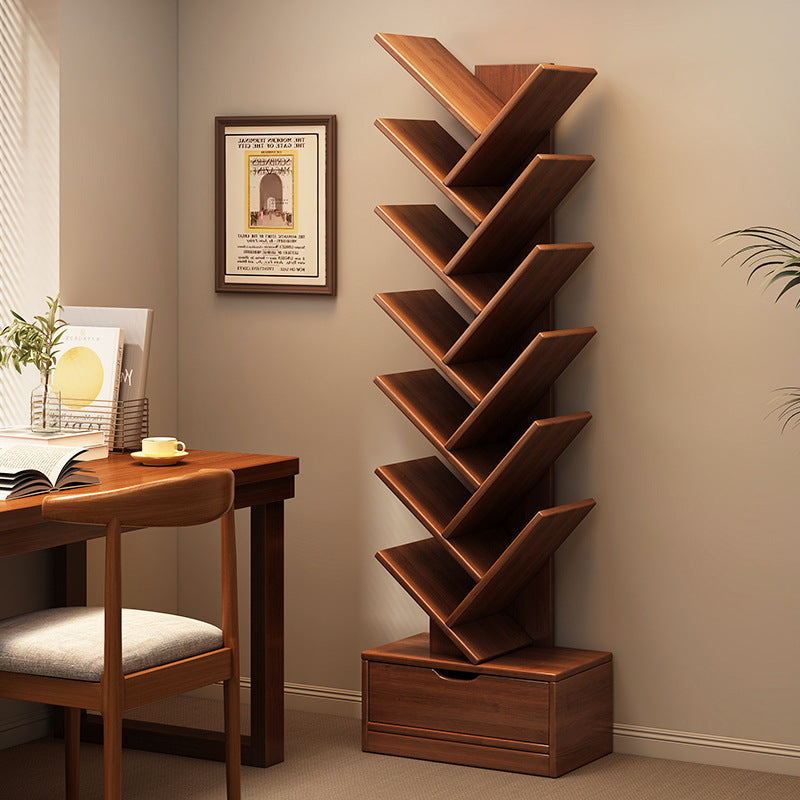 Rectangular tiered bookshelf with angled compartments and two storage drawers