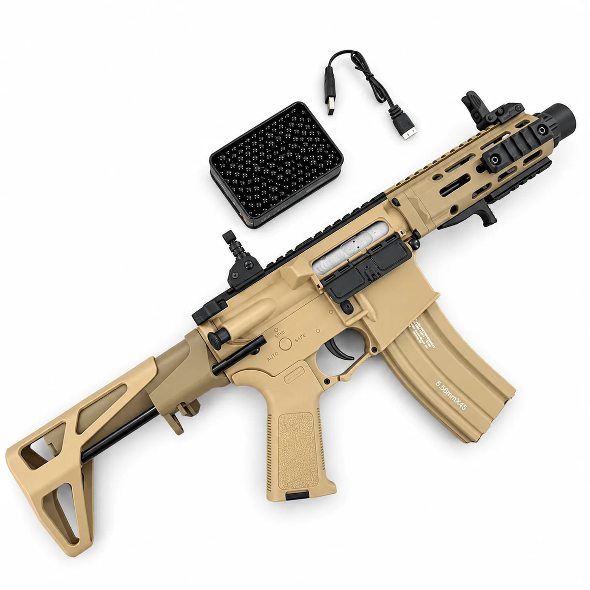 Black gel blaster rifle with magazine, optics, gel beads, USB cable and safety glasses