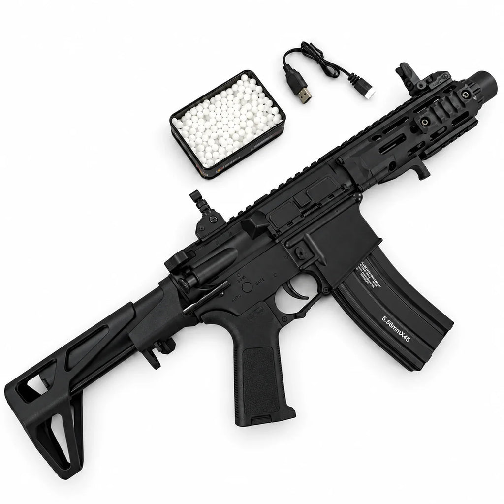Black gel blaster rifle with magazine, optics, gel beads, USB cable and safety glasses