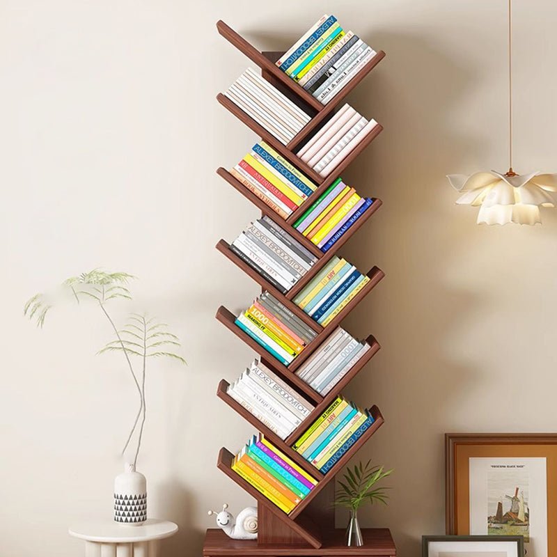 Rectangular tiered bookshelf with angled compartments and two storage drawers