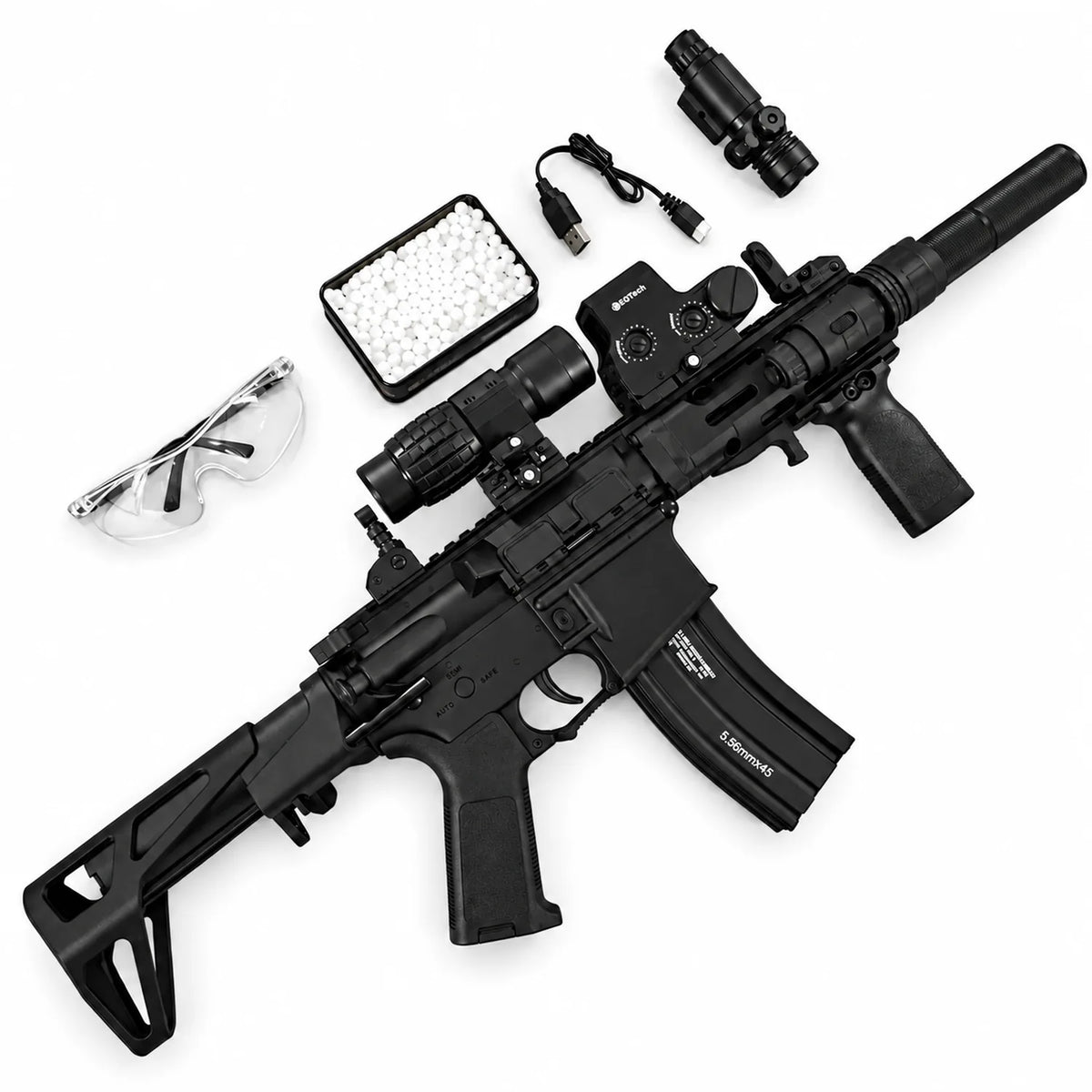 Black gel blaster rifle with magazine, optics, gel beads, USB cable and safety glasses