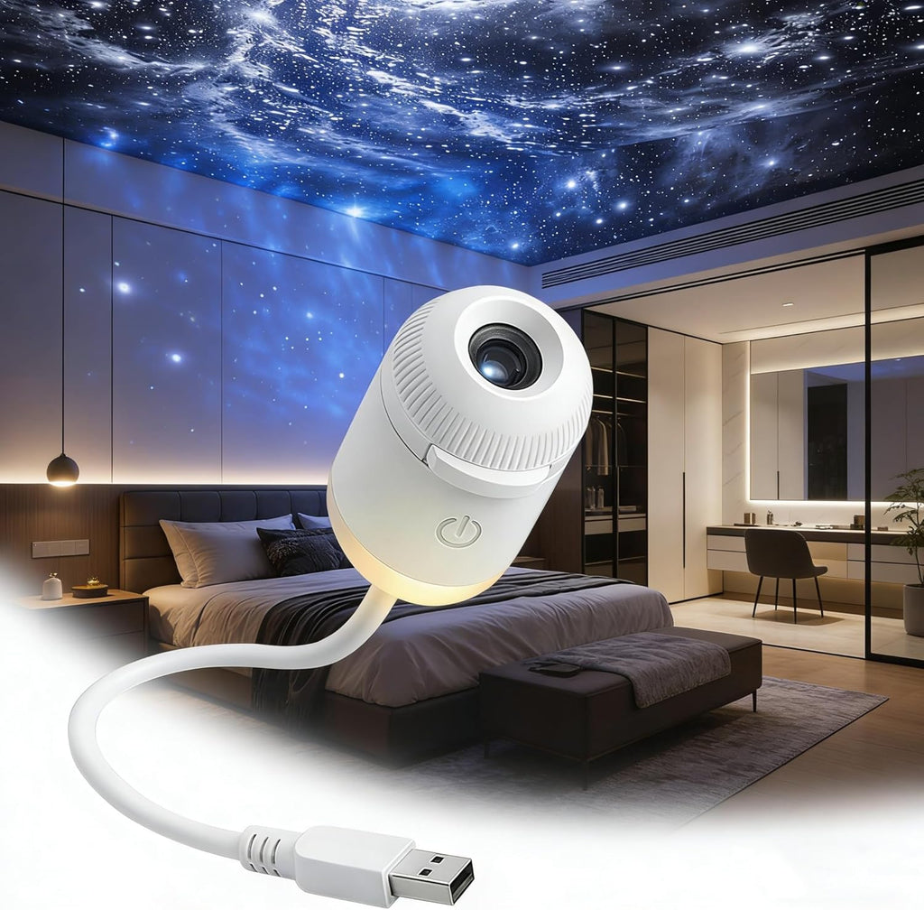 White USB galaxy projector with adjustable lens and flexible cable