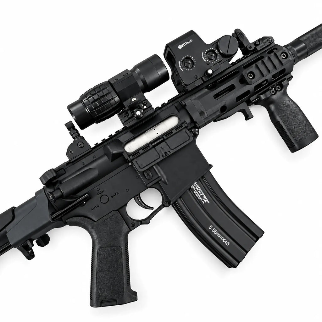 Black gel blaster rifle with magazine, optics, gel beads, USB cable and safety glasses