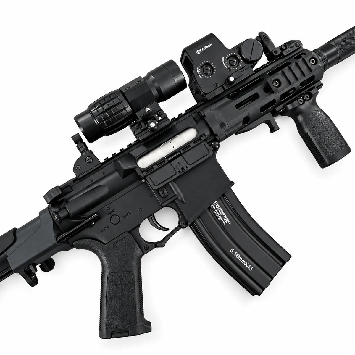 Black gel blaster rifle with magazine, optics, gel beads, USB cable and safety glasses