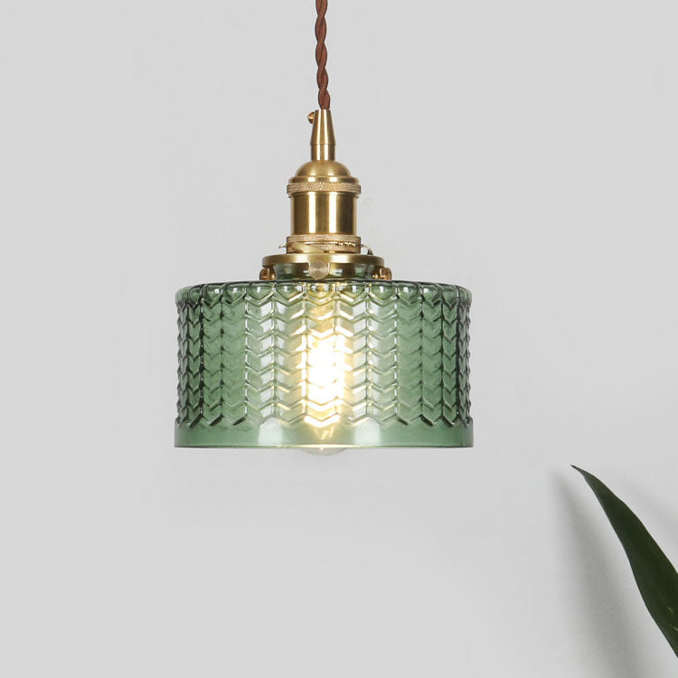 Round pendant light with patterned glass shade, brass finish and twisted hanging cord
