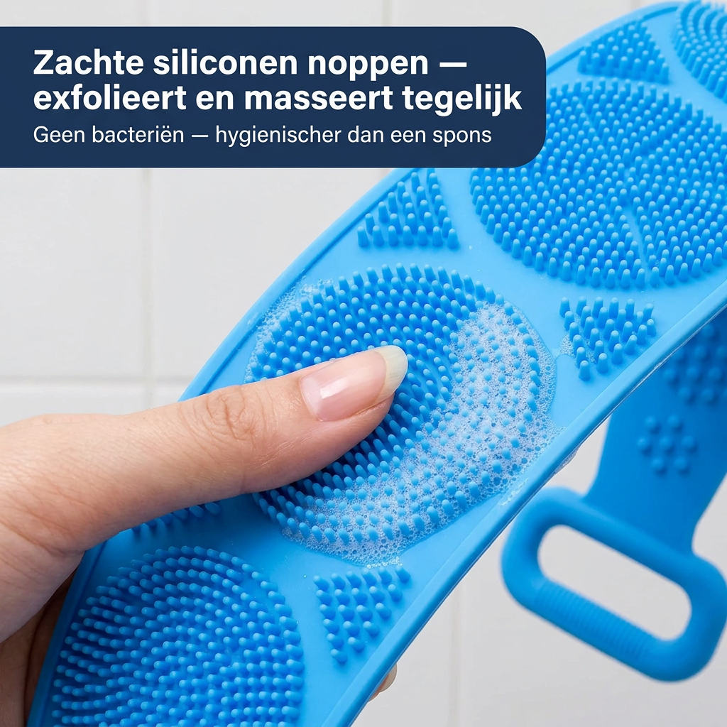 Long-handle back scrubber with raised textured pads and grip handles