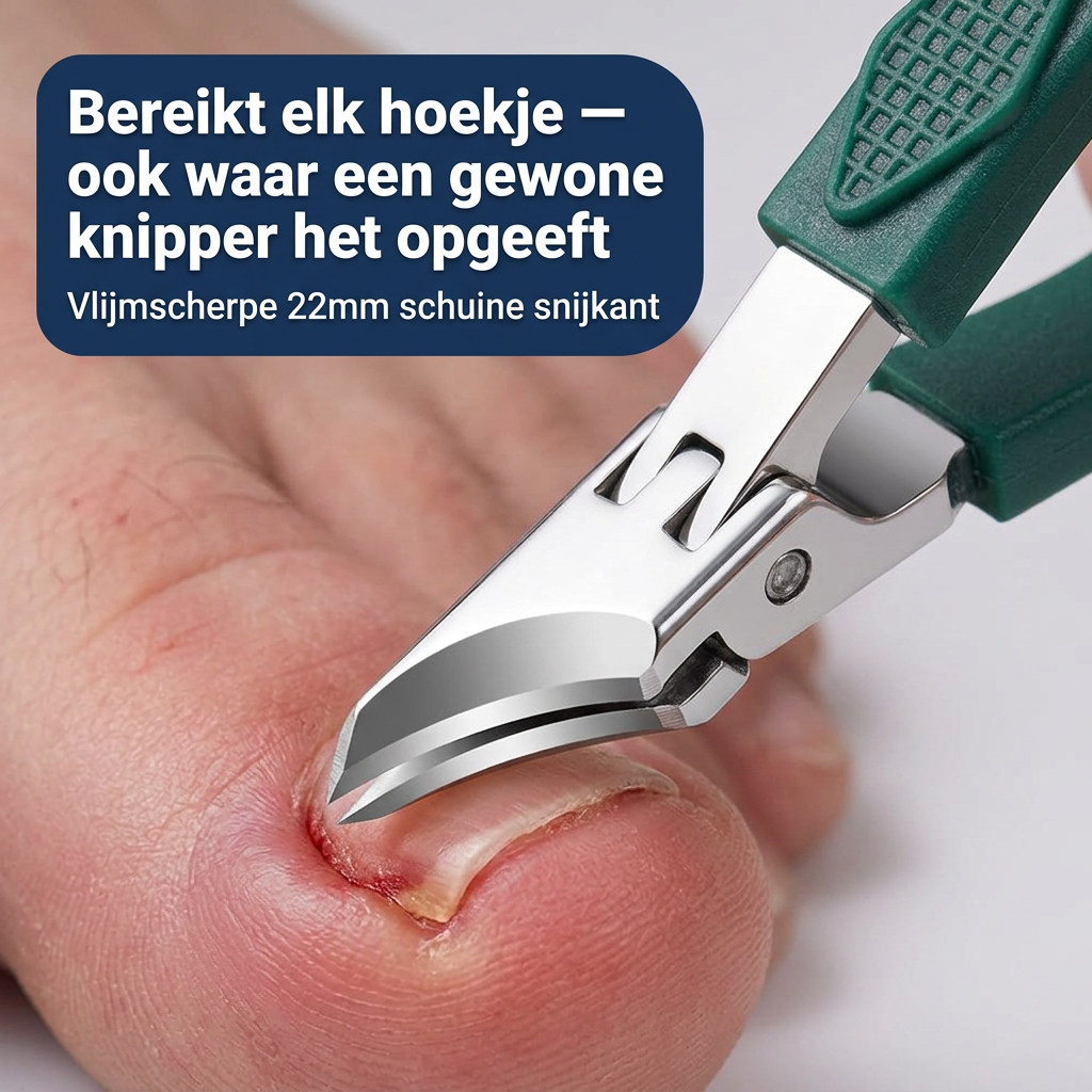 Handheld nail clippers with curved metal jaws and shaped non-slip handle