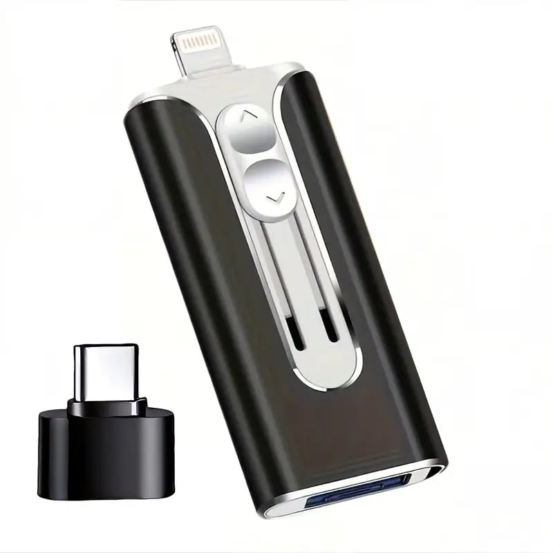 Compact 4-in-1 USB flash drive with sliding multi-connector design and separate adapter