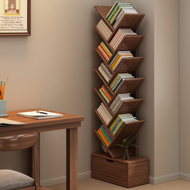 Rectangular tiered bookshelf with angled compartments and two storage drawers