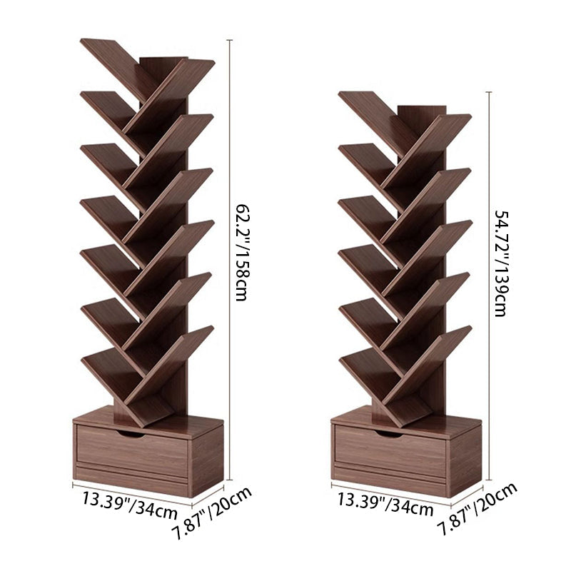 Rectangular tiered bookshelf with angled compartments and two storage drawers