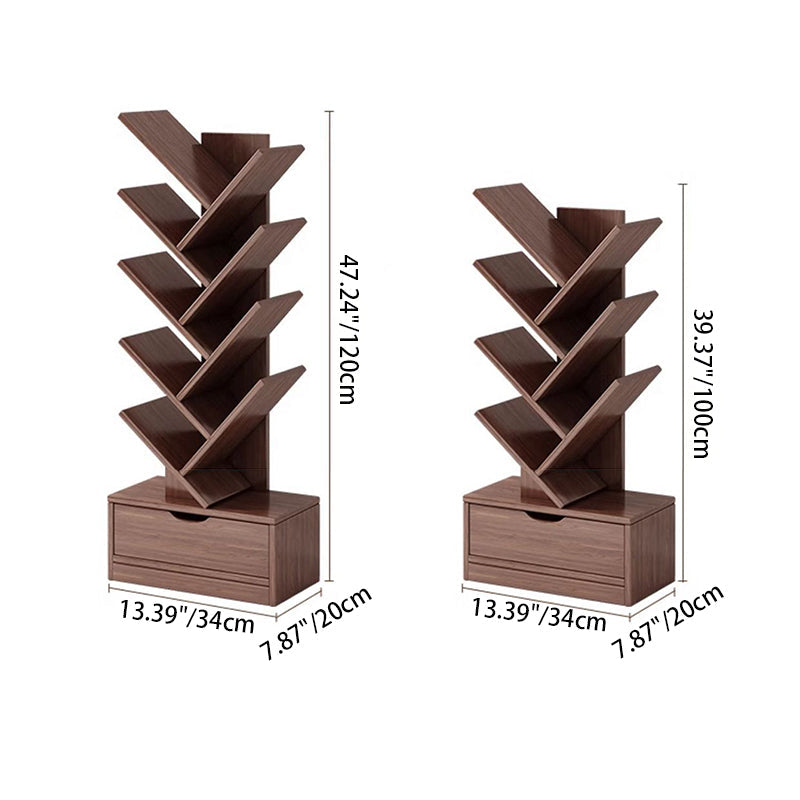 Rectangular tiered bookshelf with angled compartments and two storage drawers