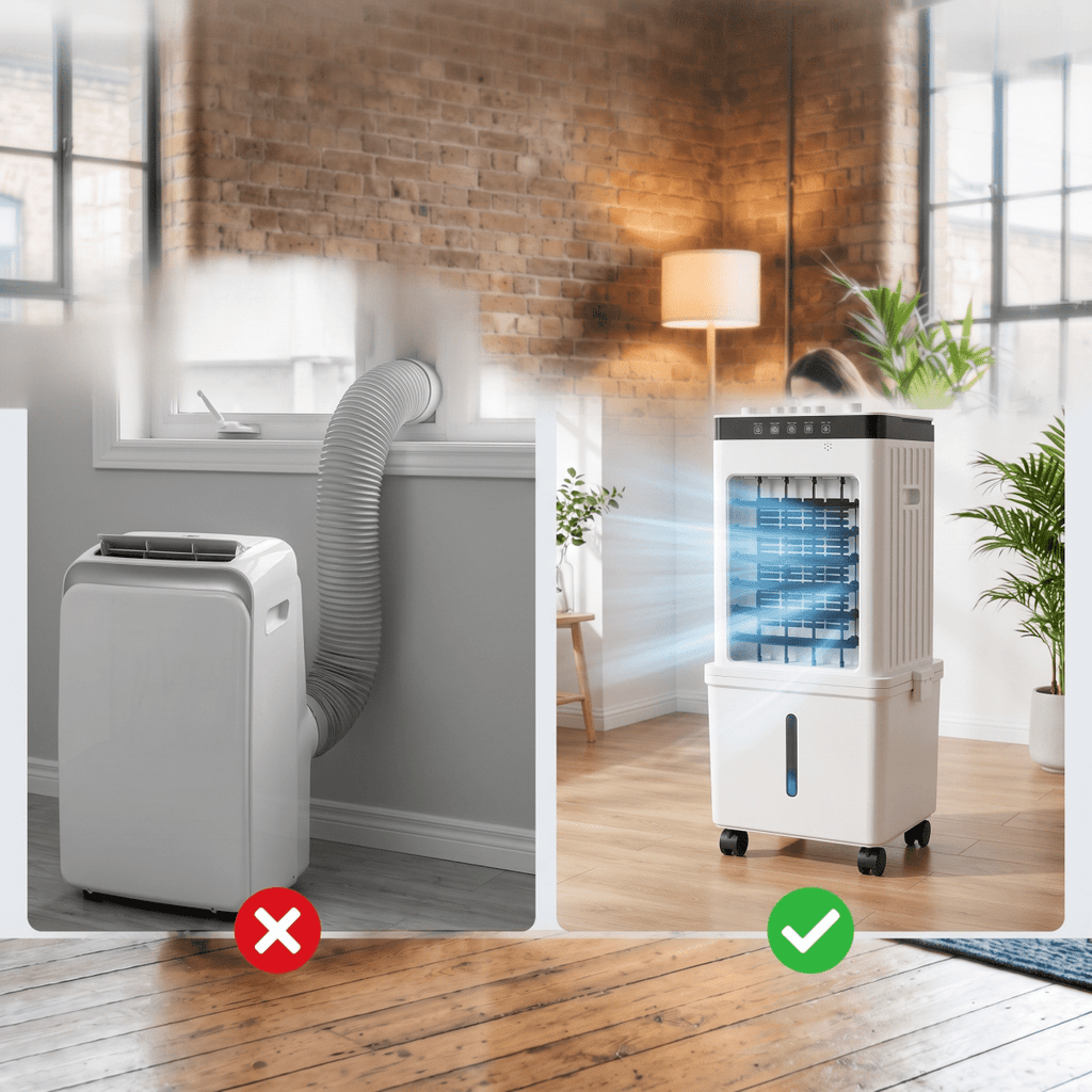 White portable air cooler with water tank, vents, control panel and wheels