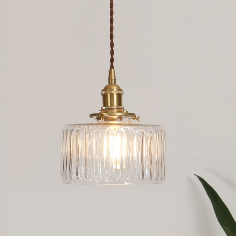 Round pendant light with patterned glass shade, brass finish and twisted hanging cord