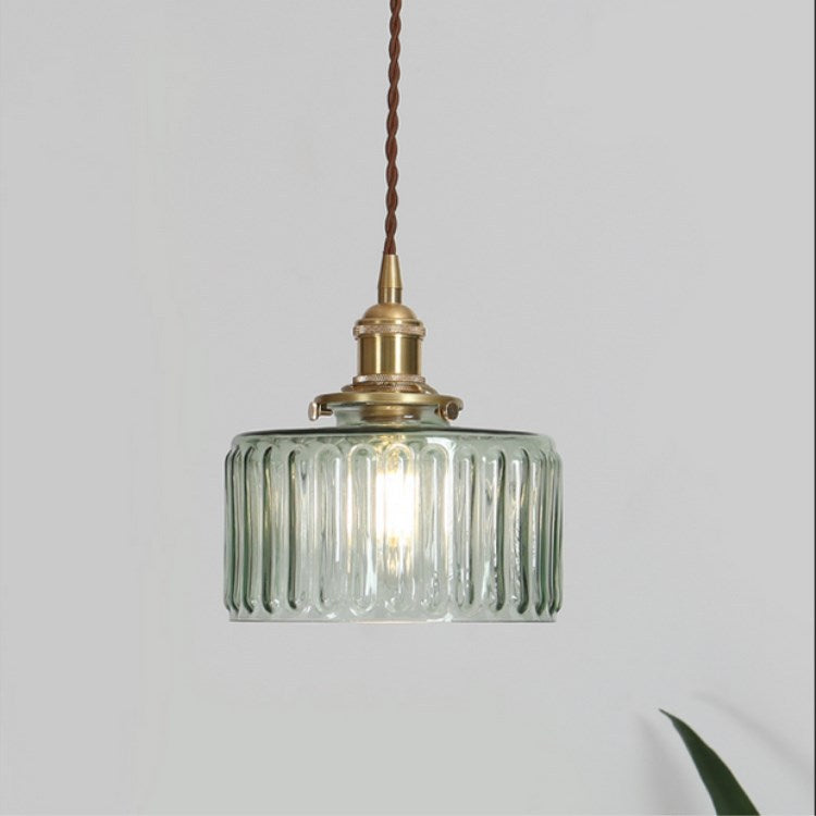 Round pendant light with patterned glass shade, brass finish and twisted hanging cord