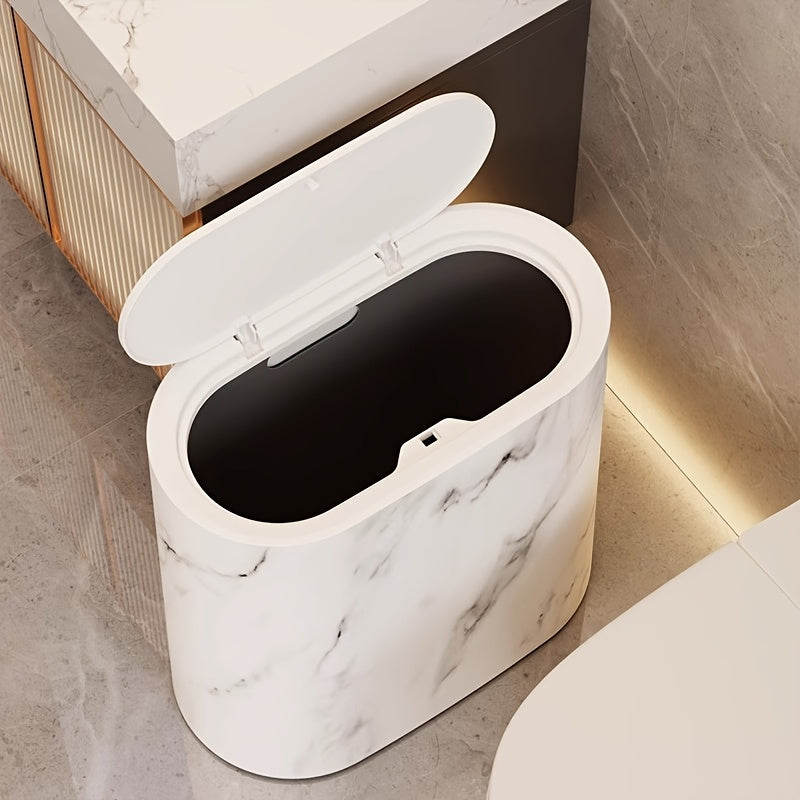 Lidded bathroom and kitchen waste bin with decorative patterned finish