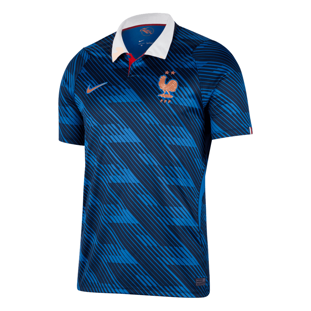Blue short-sleeve football shirt with geometric pattern and white collar