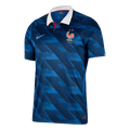 Blue short-sleeve football shirt with geometric pattern and white collar
