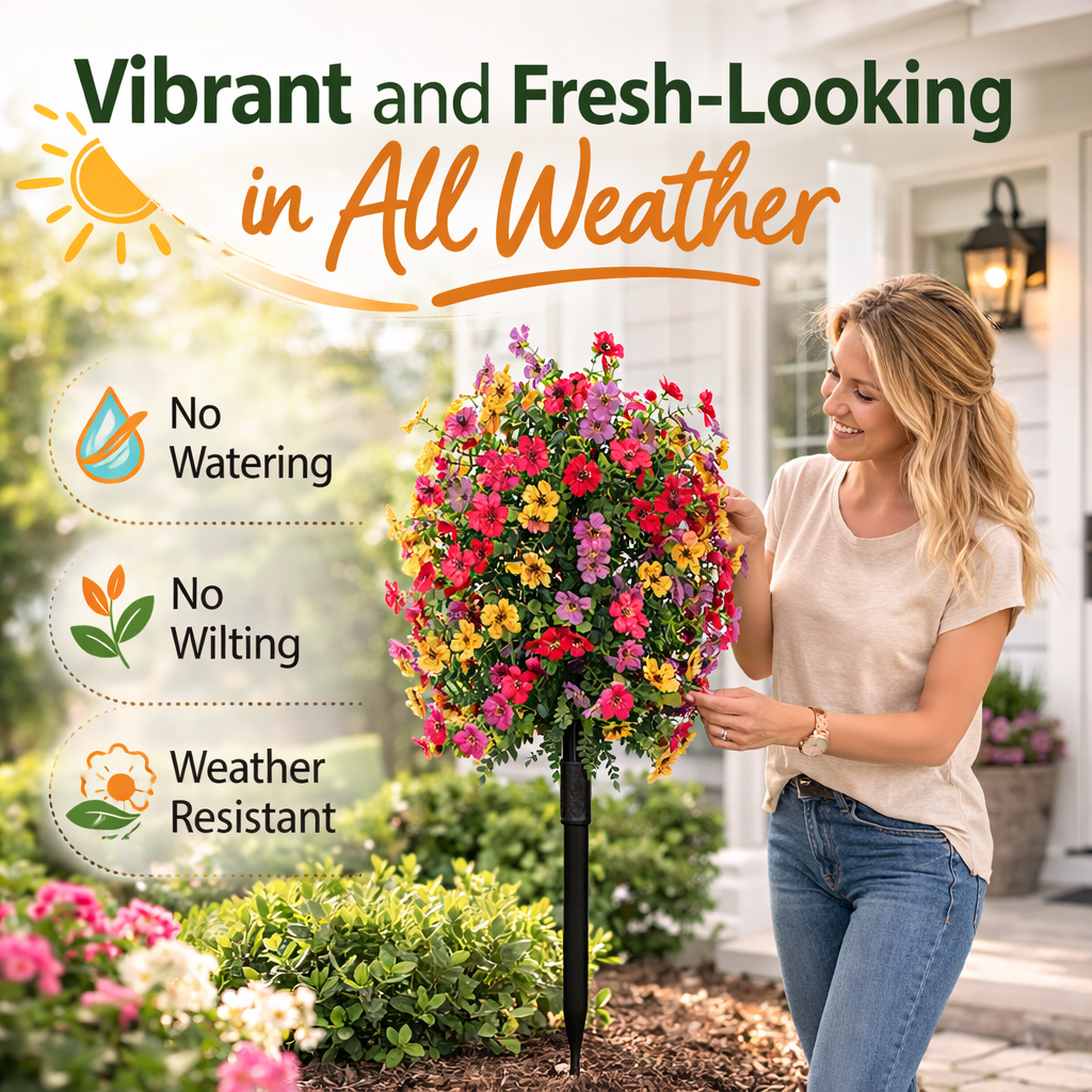 Artificial outdoor flower garden stake with dense colourful blooms and green foliage