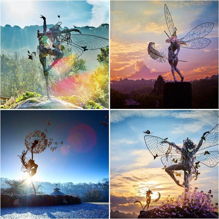 Black metal garden sculpture with fairy silhouettes and dandelion seed heads