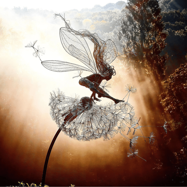Black metal garden sculpture with fairy silhouettes and dandelion seed heads