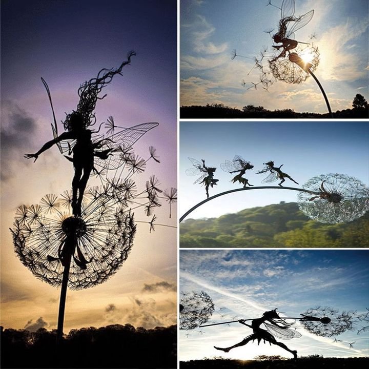Black metal garden sculpture with fairy silhouettes and dandelion seed heads