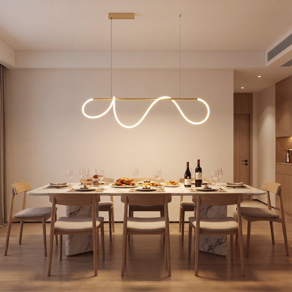 Linear LED rope chandelier with looped light element and suspended ceiling bar