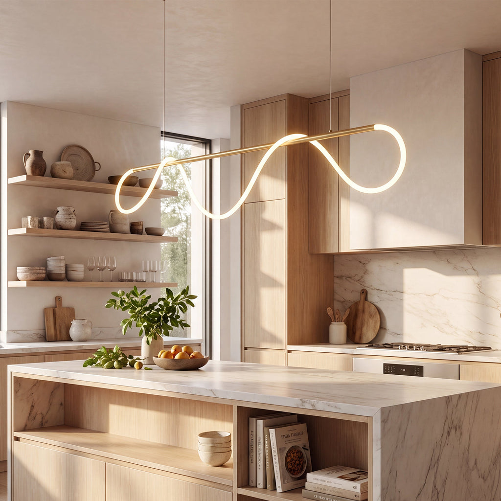 Linear LED rope chandelier with looped light element and suspended ceiling bar