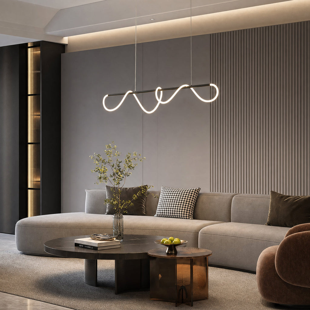 Linear LED rope chandelier with looped light element and suspended ceiling bar