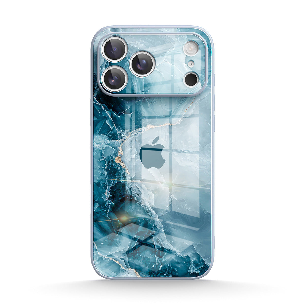 Blue iPhone case with abstract water design and camera cut-outs