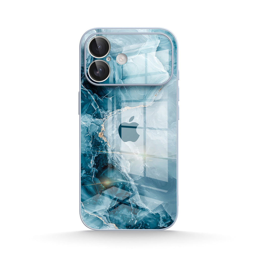 Blue iPhone case with abstract water design and camera cut-outs