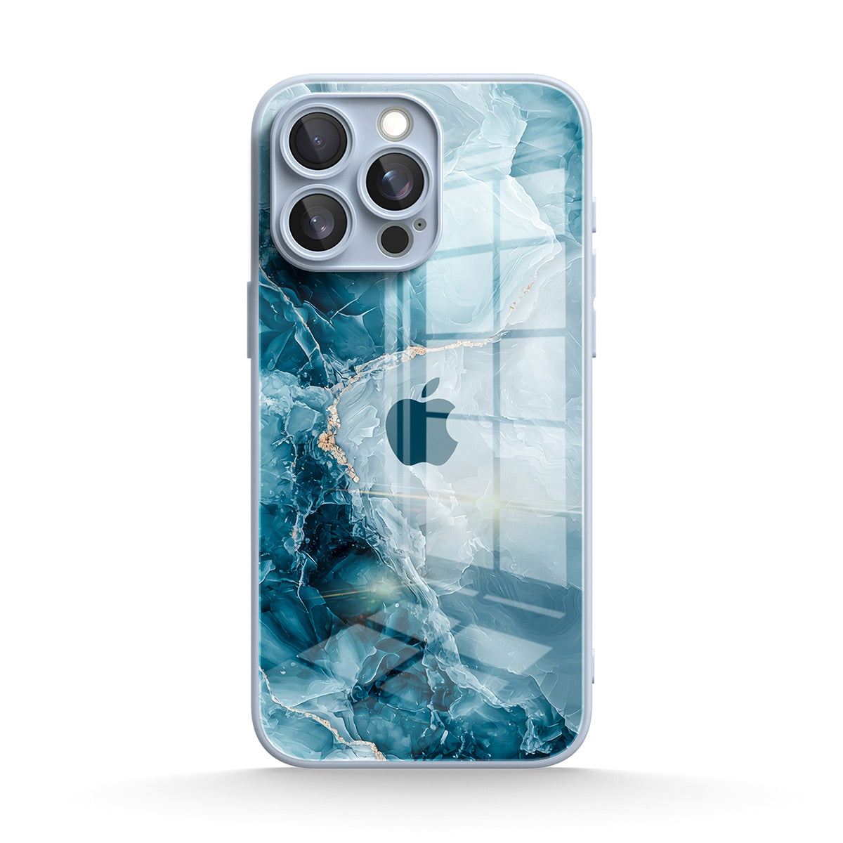 Blue iPhone case with abstract water design and camera cut-outs