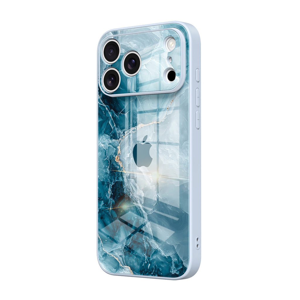 Blue iPhone case with abstract water design and camera cut-outs