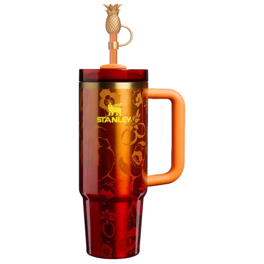 Red floral insulated tumbler with handle, straw and lid
