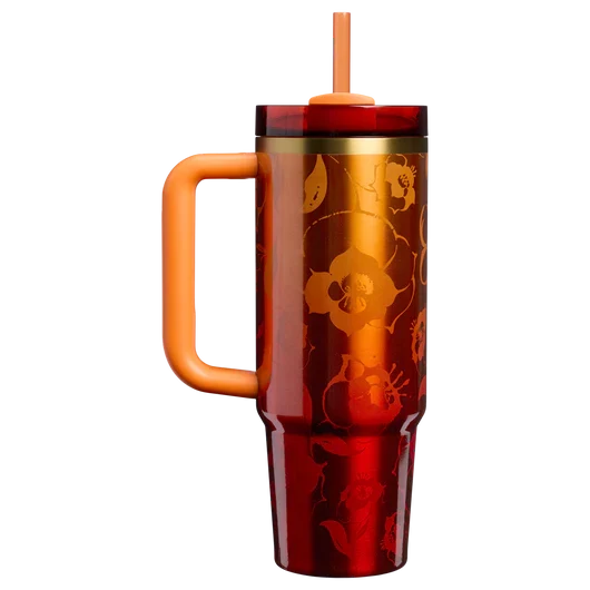 Red floral insulated tumbler with handle, straw and lid