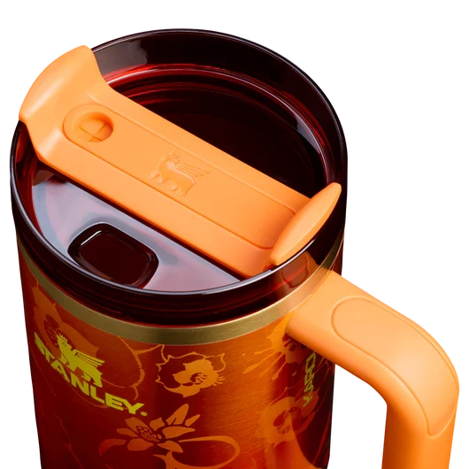 Red floral insulated tumbler with handle, straw and lid