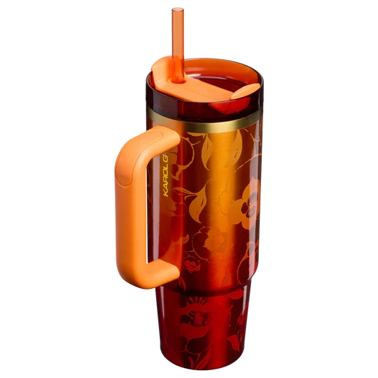 Red floral insulated tumbler with handle, straw and lid