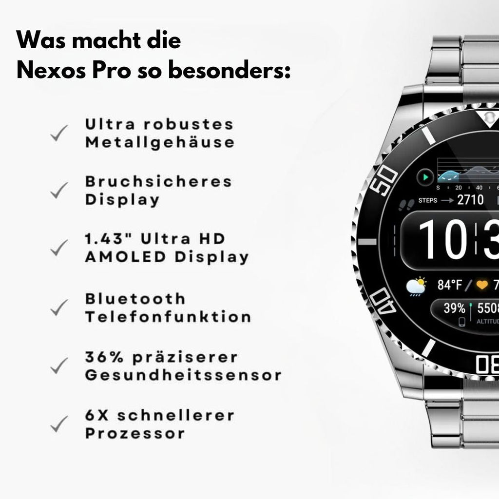 Smartwatch with round analogue-style dial and metal link bracelet