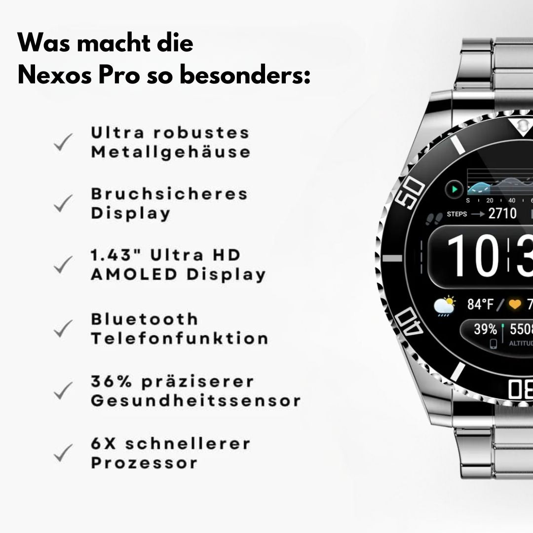 Smartwatch with round analogue-style dial and metal link bracelet
