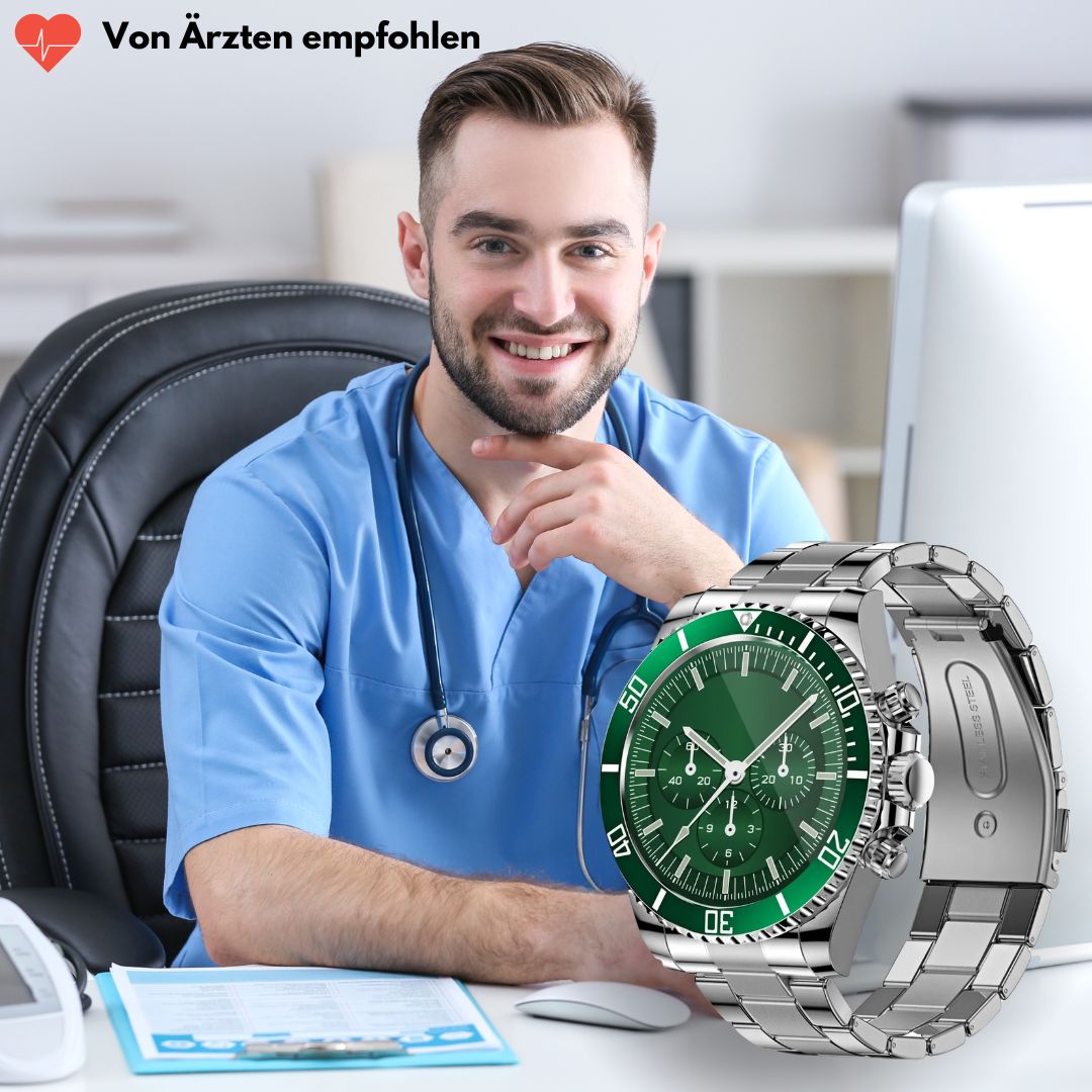 Smartwatch with round analogue-style dial and metal link bracelet