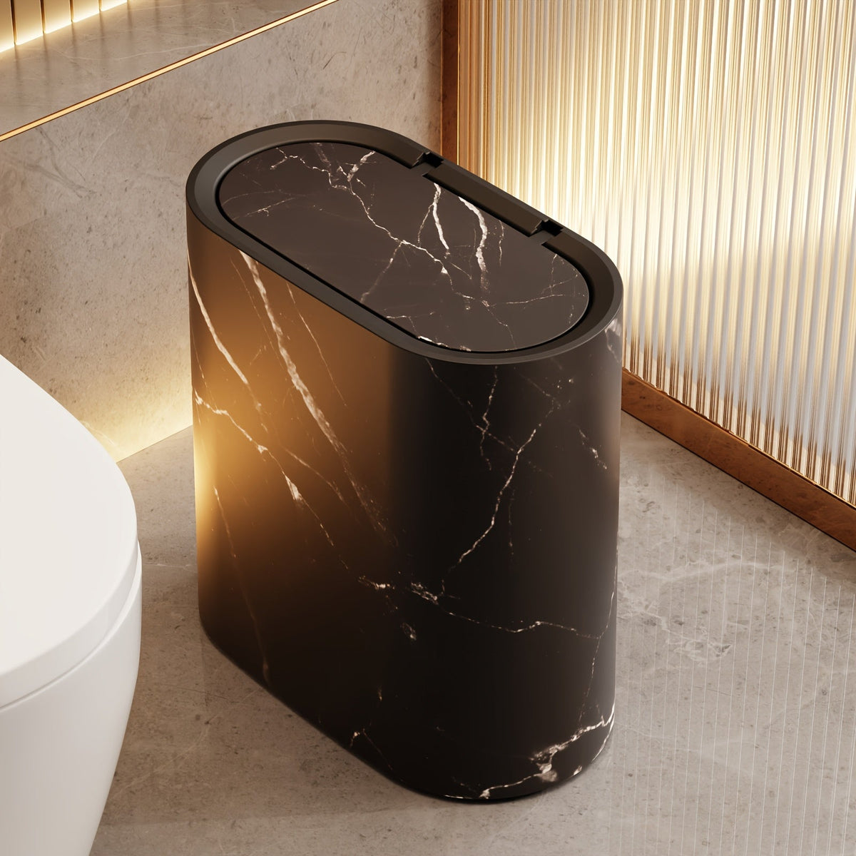 Lidded bathroom and kitchen waste bin with decorative patterned finish