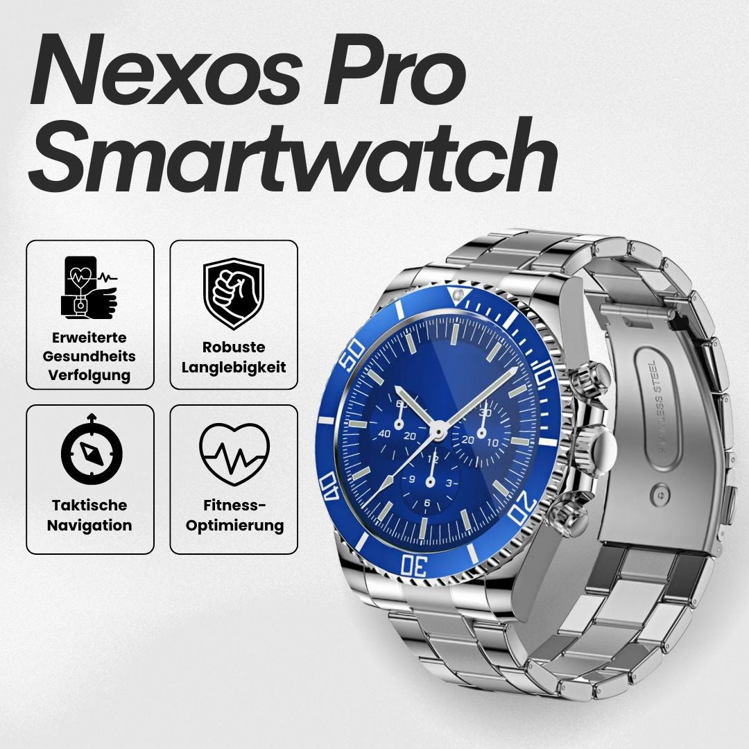 Smartwatch with round analogue-style dial and metal link bracelet