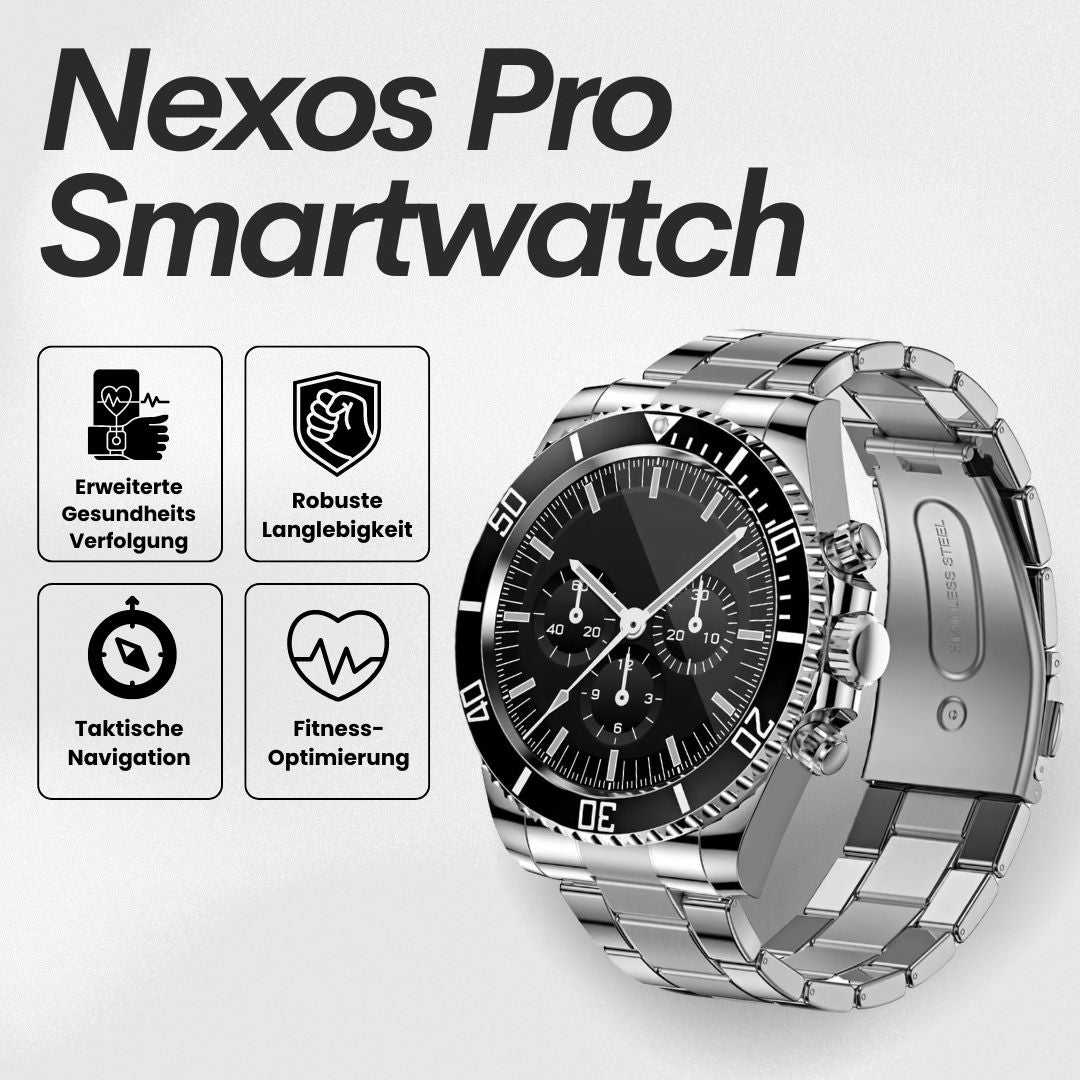 Smartwatch with round analogue-style dial and metal link bracelet