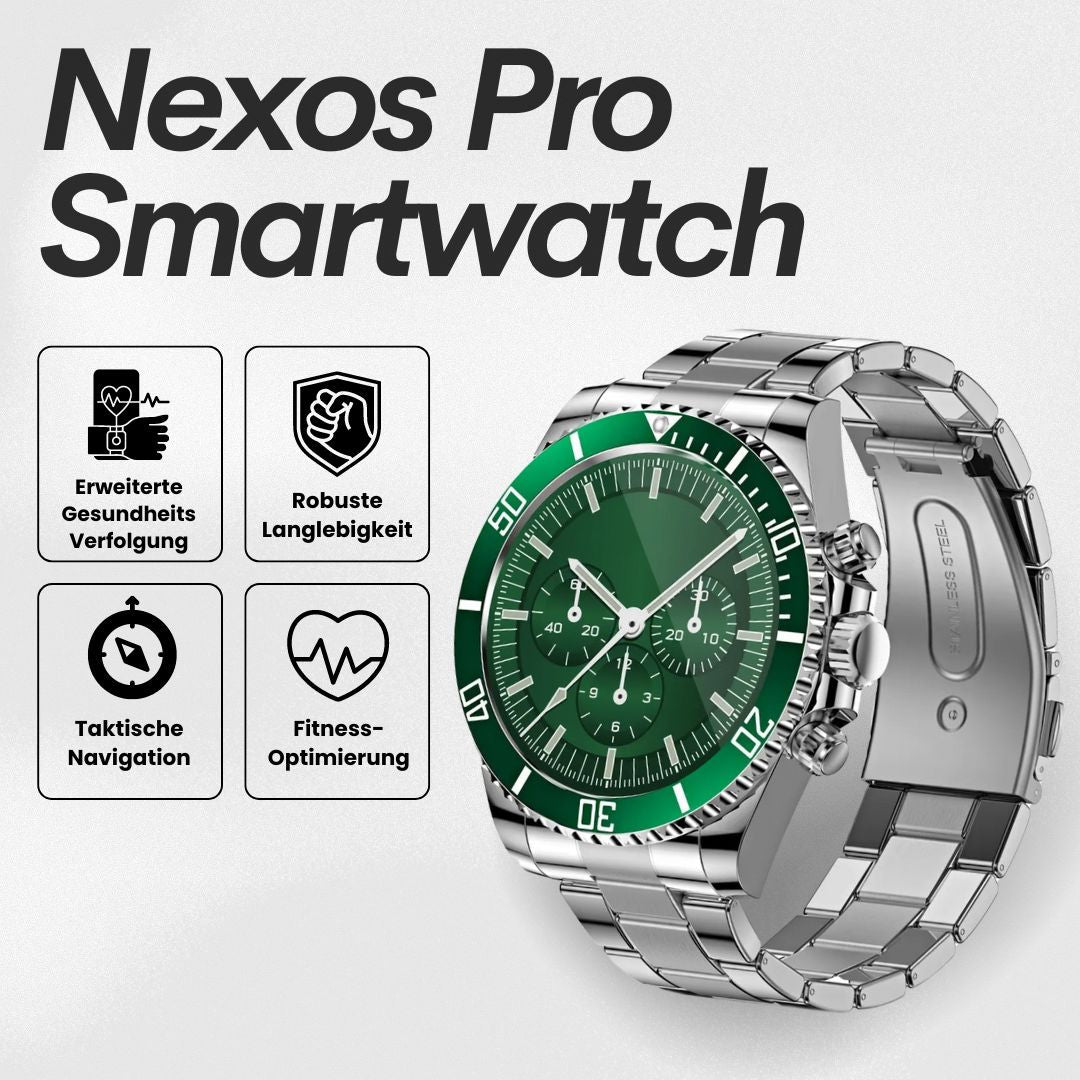 Smartwatch with round analogue-style dial and metal link bracelet