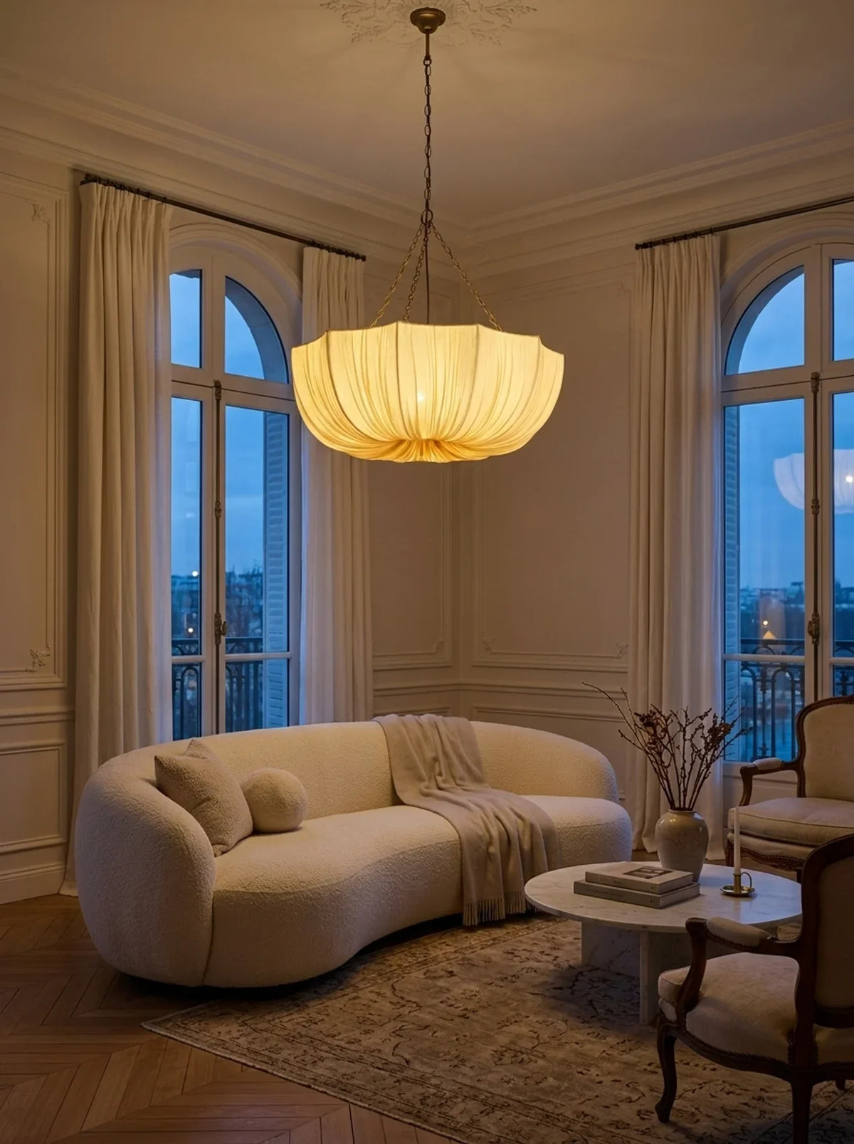 Cream pleated pendant light with dark chain suspension