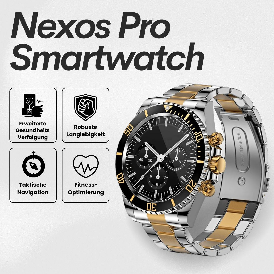 Smartwatch with round analogue-style dial and metal link bracelet