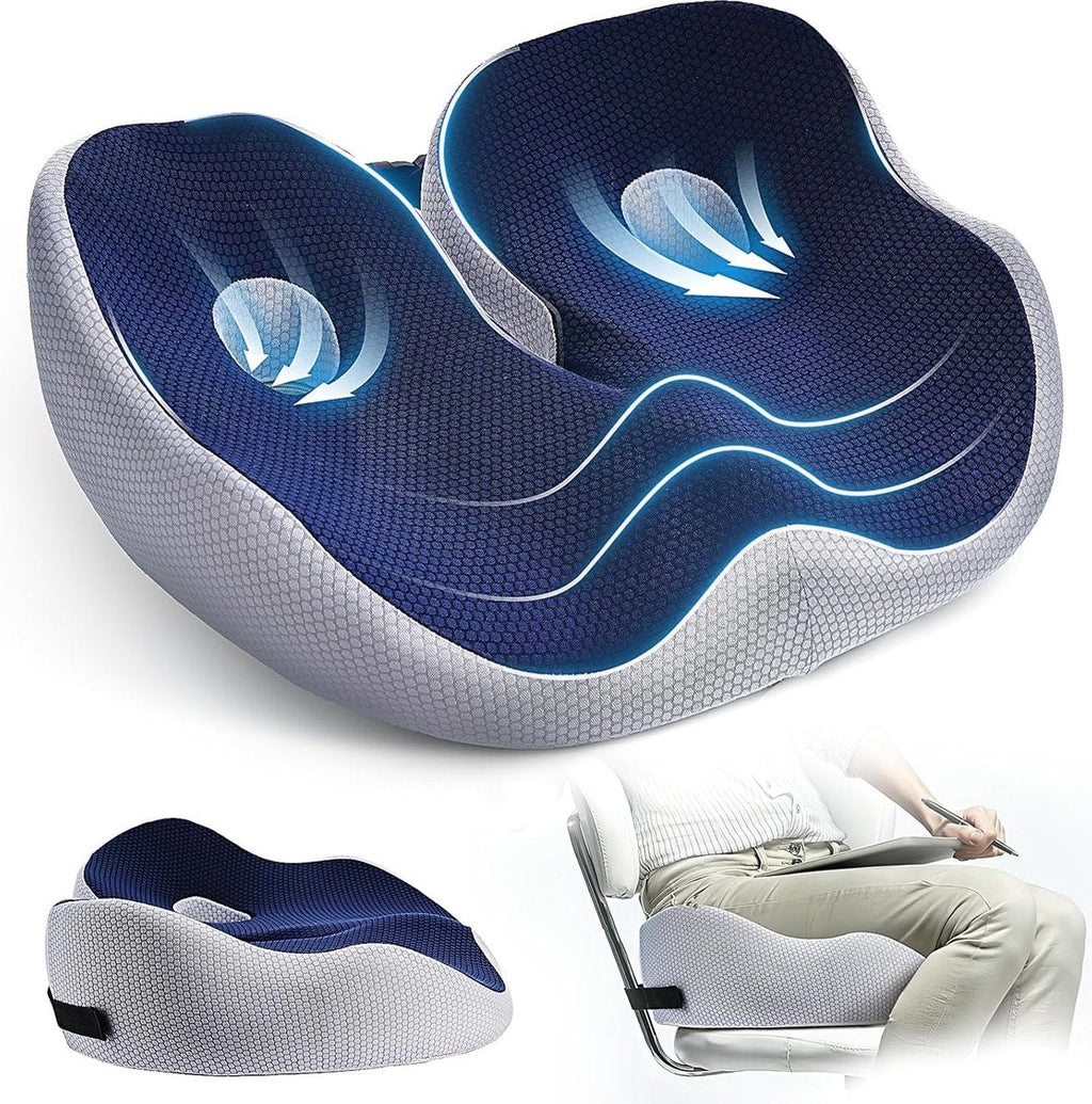 Contoured ergonomic chair seat cushion with rear strap and central openings