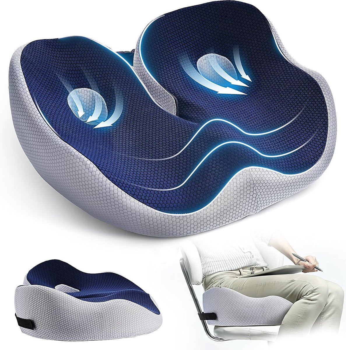 Contoured ergonomic chair seat cushion with rear strap and central openings